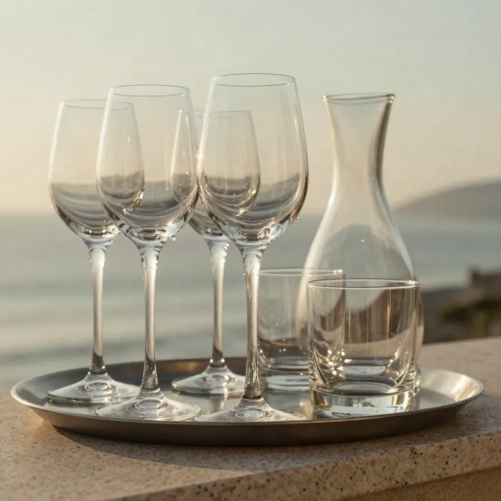 Crystal wine glass set with decanter and tumblers on a travertine ledge after rain.