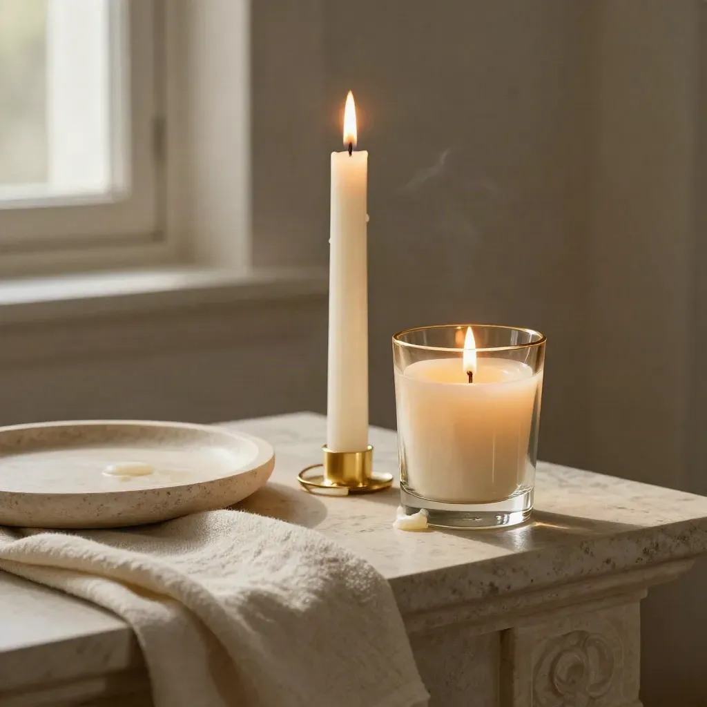 Two lit gold-rim taper candles on pale stone with folded linen and soft wax drip.
