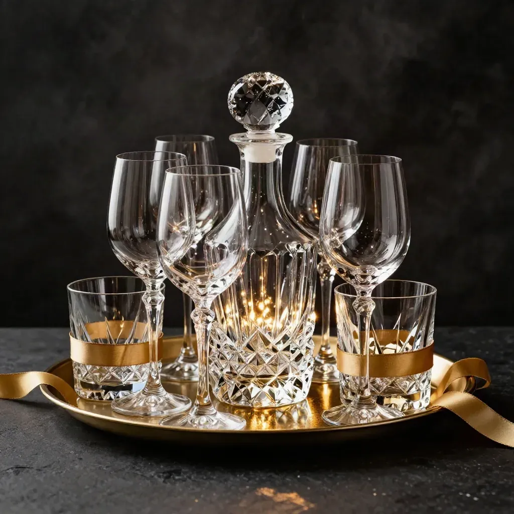 Crystal wine glasses, tumblers, decanter, and tray wrapped in gold ribbon on a dark studio surface.