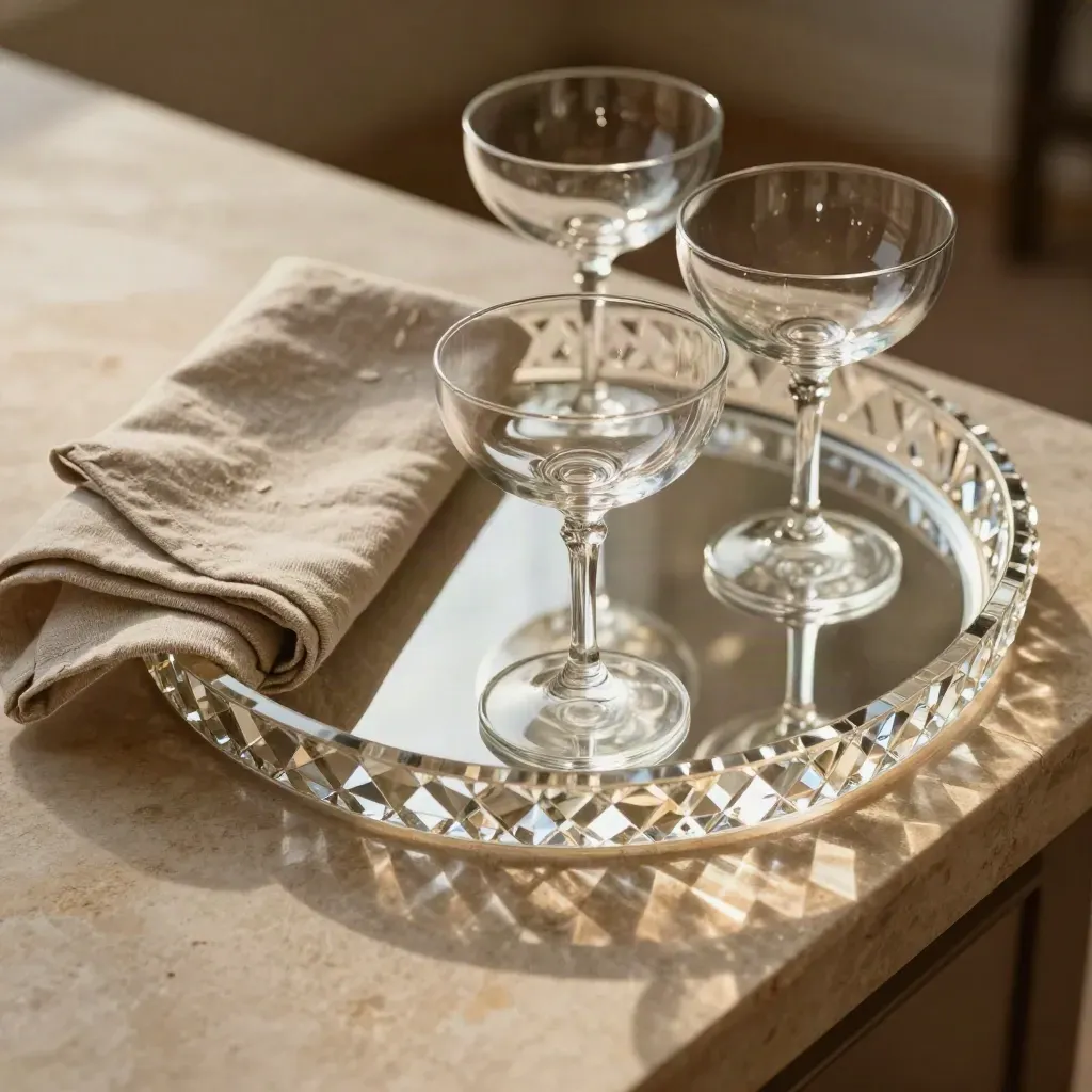 Pressed crystal tray with napkin and two coupe glasses in a refined overhead close crop